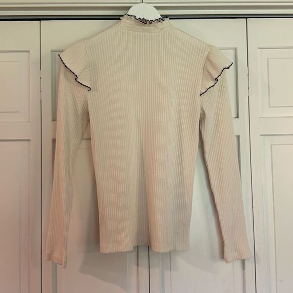 Loft pointelle white ribbed ruffle sleeve top size medium - Picture 6 of 9